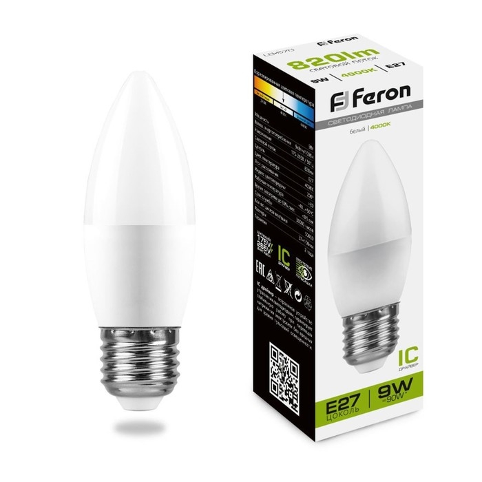 Лампа светодиодная FERON,  Лампа светодиодная FERON, "Свеча", Е27, 9 Вт, 230 В, 4000 К