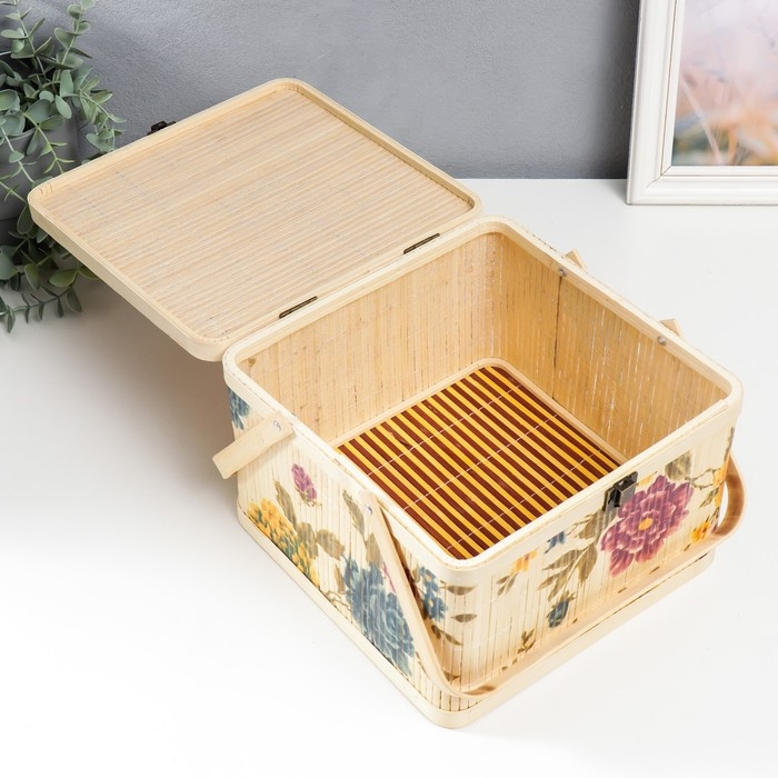 Шкатулка бамбук Шкатулка бамбук "Сад с пионами" квадрат, с ручками 16х24х24 см