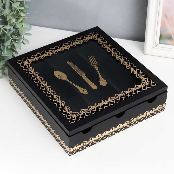 Шкатулка дерево с делениями Шкатулка дерево с делениями "Столовые предметы" чёрная с золотом 26х24х6,8 см