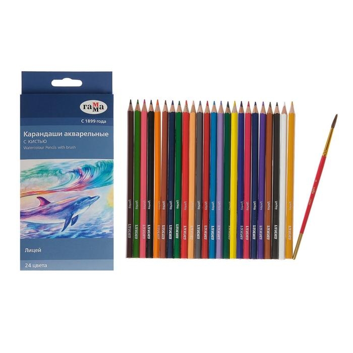 Карандаши цветные акварельные 24 цвета,  Карандаши цветные акварельные 24 цвета, "Гамма" "Лицей", с кистью, шестигранные
