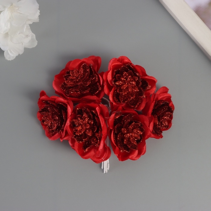 Декор для творчества "Камелия" красный (1 набор=1 букет) в букете 6 шт 4х11 см