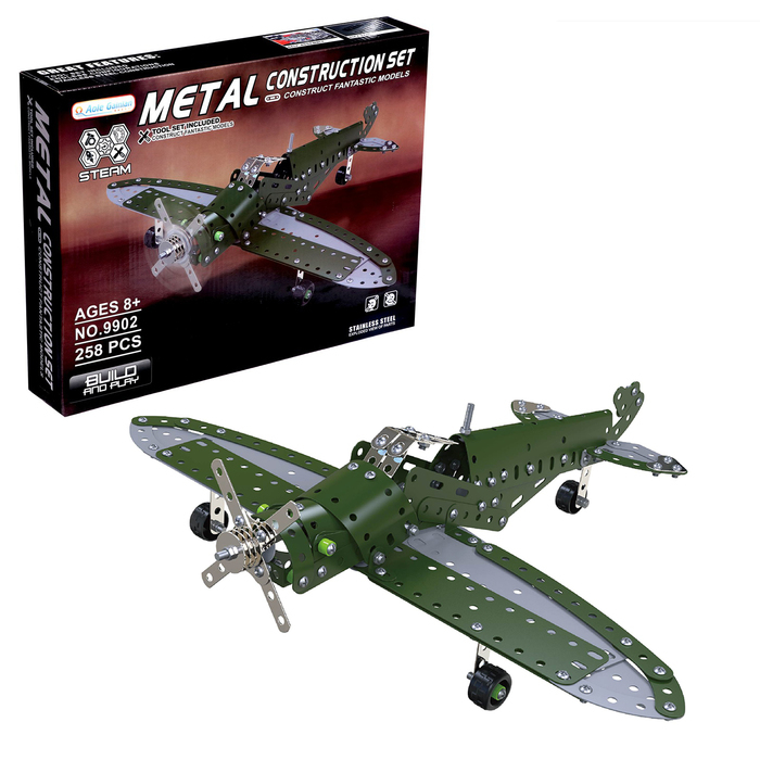 Конструктор металлический «Самолёт бомбардировщик», 258 деталей Конструктор металлический «Самолёт бомбардировщик», 258 деталей