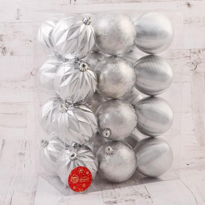 Ёлочные игрушки, шары новогодние , пластик, набор d-8 см, 24 шт Ёлочные игрушки, шары новогодние , пластик, набор d-8 см, 24 шт "Зимний шик" серебро