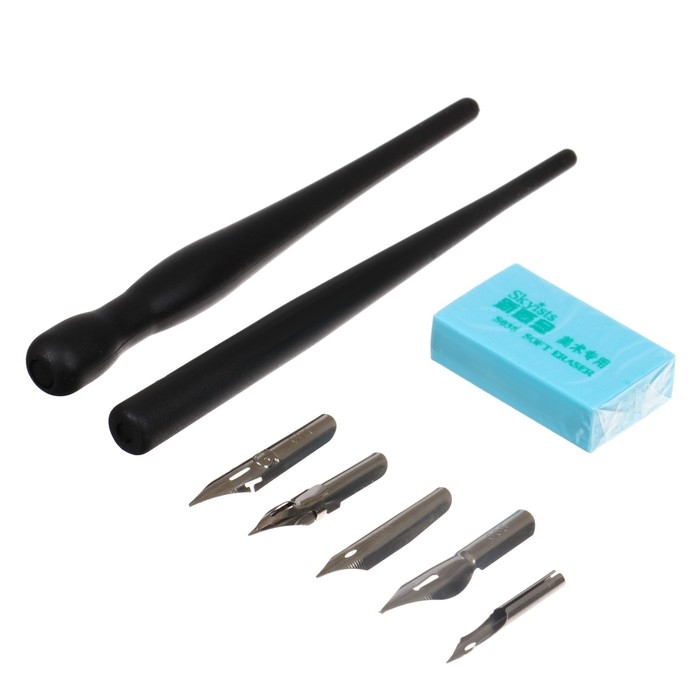 Набор перьев, 5 штук, нержавейка с 2-мя держателями + ластик на блистере Набор перьев, 5 штук, нержавейка с 2-мя держателями + ластик на блистере