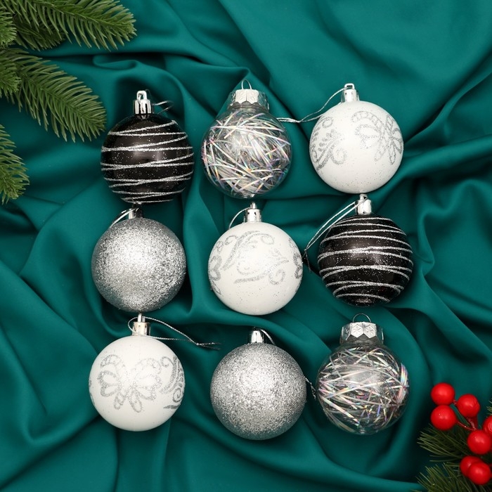 Набор шаров пластик d-6 см, 9 шт Набор шаров пластик d-6 см, 9 шт "Мелодия" орбита диско элит серебро, микс