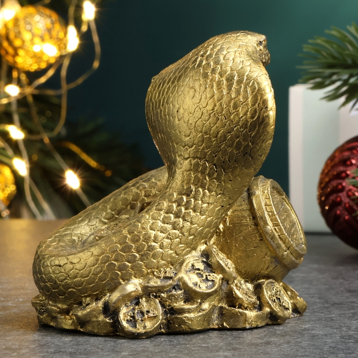 Новый год. Символ 2025. Фигура Новый год. Символ 2025. Фигура "Змея на деньгах с бочкой" старое золото, 6х6х5см