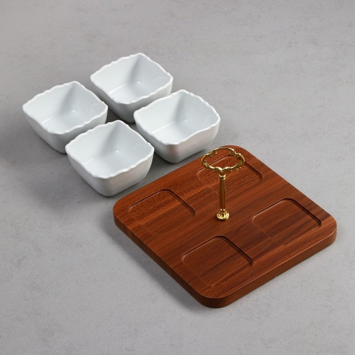 Менажница «Капель», 4 шт: 200 мл, деревянное основание, фарфор, Иран Менажница «Капель», 4 шт: 200 мл, деревянное основание, фарфор, Иран
