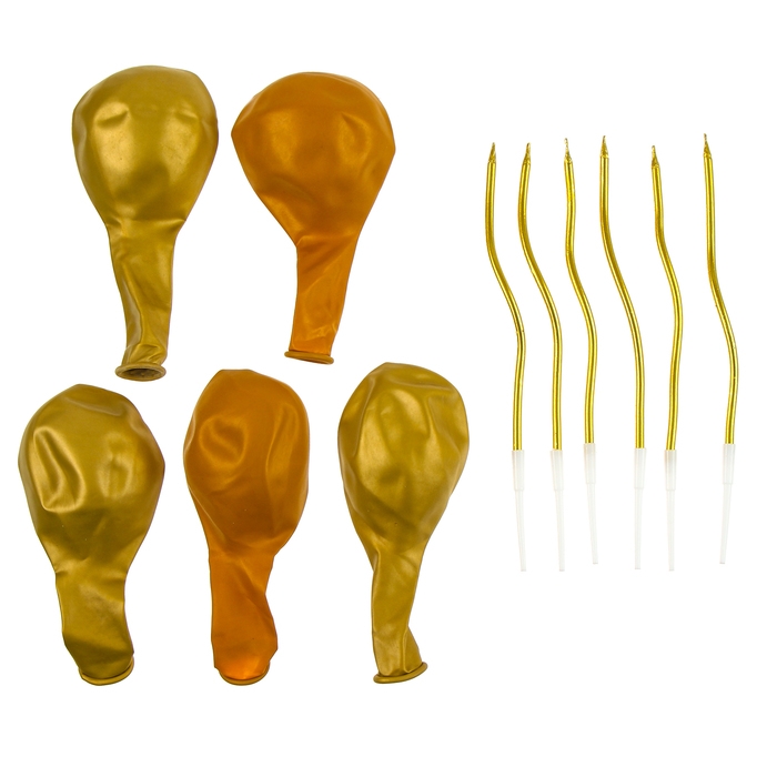 Свечи для торта 6 шт. серпантин + 5 воздушных шаров, золото Свечи для торта 6 шт. серпантин + 5 воздушных шаров, золото