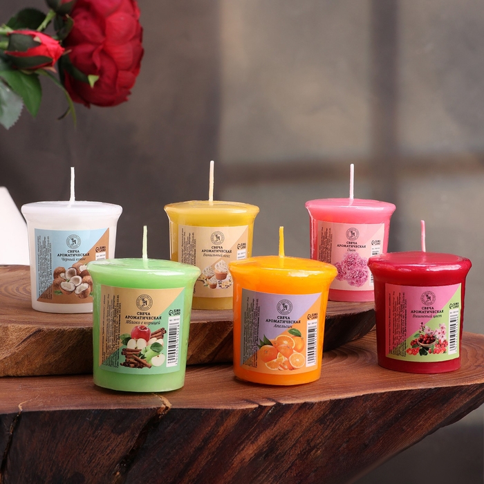 Свеча ароматическая  Свеча ароматическая "Пион, Апельсин, Кокос, Яблоко с корицей, Вишня, Ваниль" набор 6 в 1