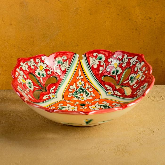 Фруктовница Риштанская Керамика  Фруктовница Риштанская Керамика "Цветы",  26 см, красная