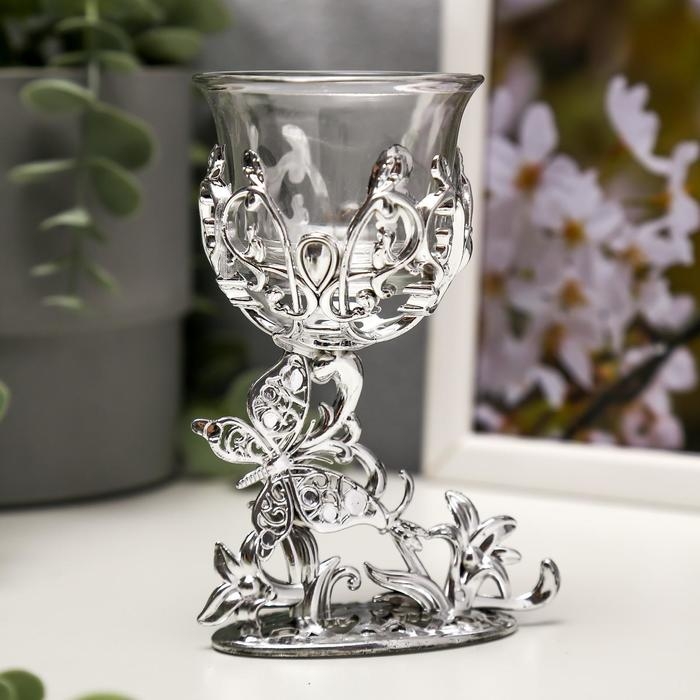 Подсвечник пластик, стекло Подсвечник пластик, стекло "Бабочка" серебро 12х7,5х6 см