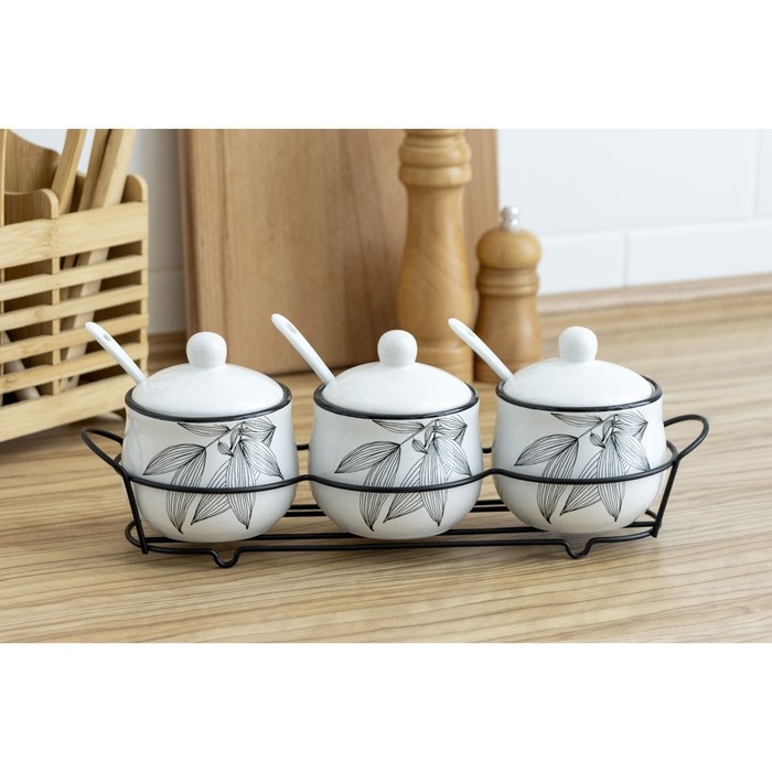 Банки керамические для специй на металлической подставке «Листья», 200 мл, 3 шт Банки керамические для специй на металлической подставке «Листья», 200 мл, 3 шт