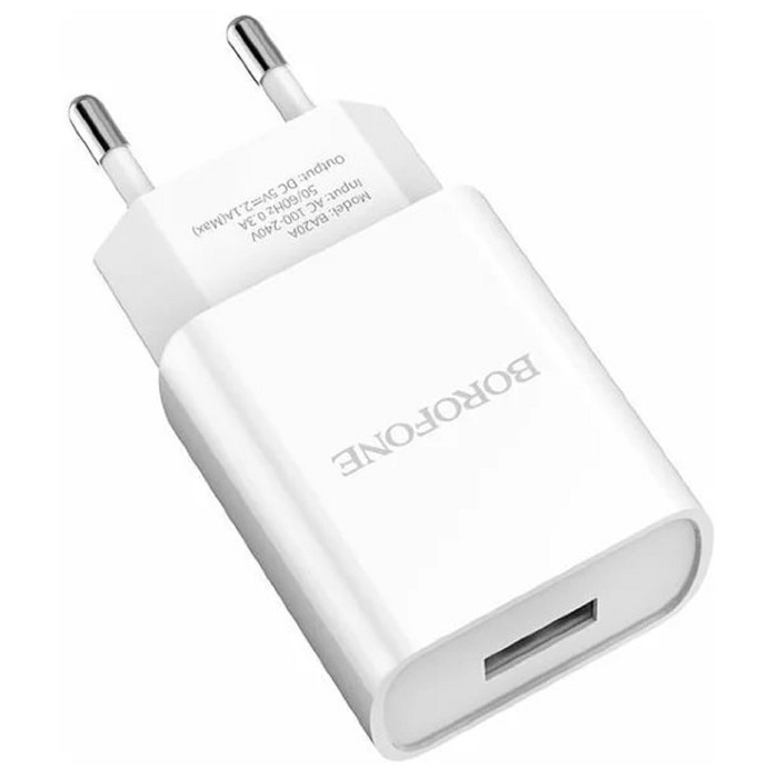 Сетевое зарядное устройство Borofone BA20A, 1 USB, 2.1 А, белое Сетевое зарядное устройство Borofone BA20A, 1 USB, 2.1 А, белое