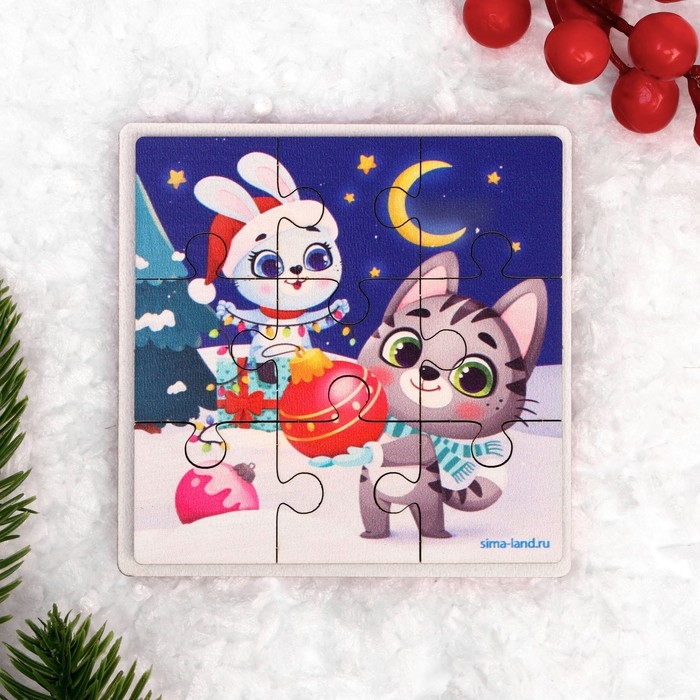 Дервянные пазлы на новый год «Зайка и котик»