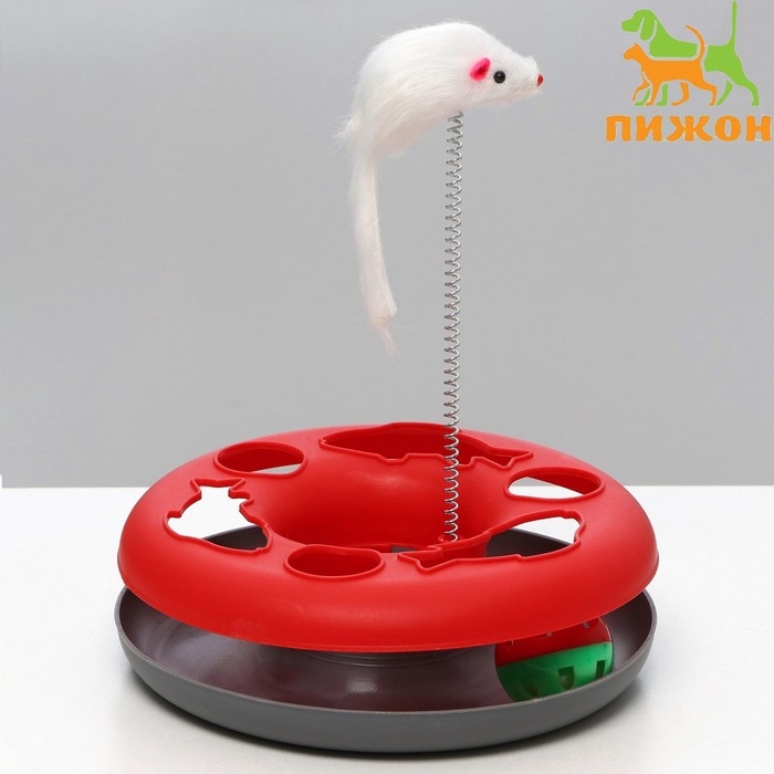 Игрушка для кошек  Игрушка для кошек "Загадочный круг - Рыбки", мышь на пружине и шарик, 23х7 см,красная/серая