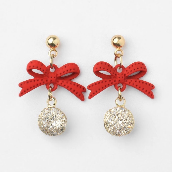 Новый год! Серьги «Новогодние» бантик, цвет бело-красный в золоте Новый год! Серьги «Новогодние» бантик, цвет бело-красный в золоте