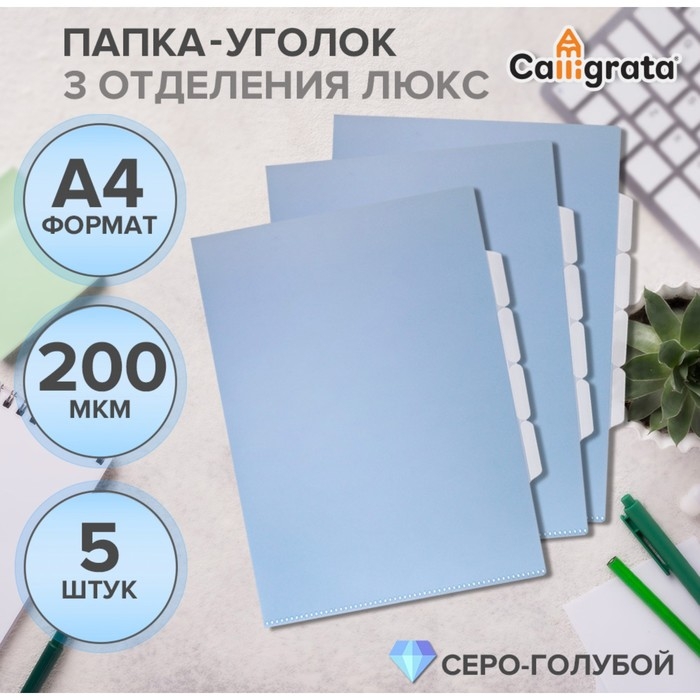 Набор папок уголков, А4, 200 мкм, 5 штук, Calligrata TOP Breeze, 3 отделения, небесный, глянцевые, полупрозрачные Набор папок уголков, А4, 200 мкм, 5 штук, Calligrata TOP Breeze, 3 отделения, небесный, глянцевые, полупрозрачные