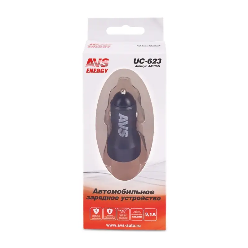 USB автомобильное зарядное устройство AVS 2 порта UC-623 (3,1А)