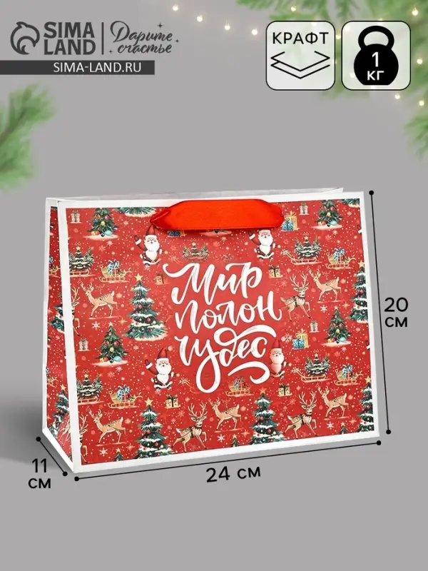 Пакет подарочный новогодний крафтовый, &laquo;Мир полон чудес&raquo;, 23&times;18&times;10 см