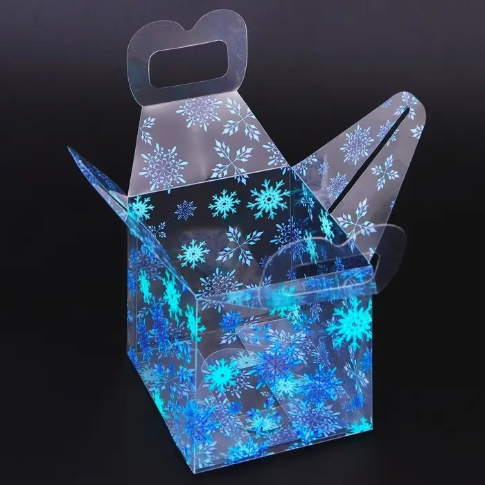 Коробка подарочная новогодняя складная ПВХ «Снежинки» 8×8×8 см Коробка подарочная новогодняя складная ПВХ «Снежинки» 8×8×8 см