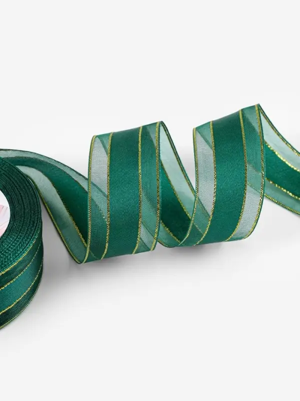 Лента декоративная, капроновая/атласная, с люрексом, 25 мм, 18&plusmn;1 м, цвет изумрудный