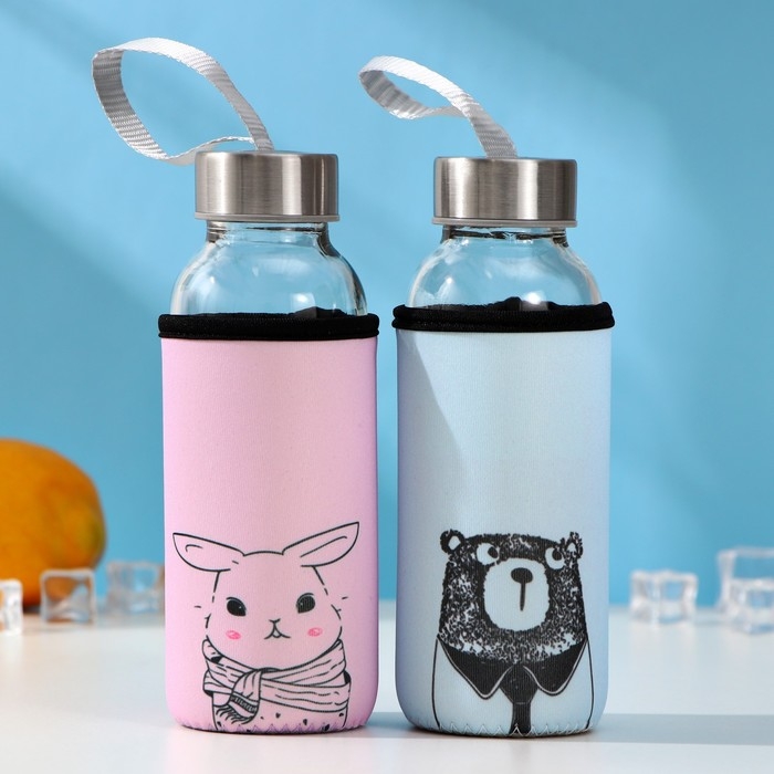 Бутылка для воды стеклянная в чехле «Лучшие друзья», 300 мл, h=16,5 см, рисунок МИКС Бутылка для воды стеклянная в чехле «Лучшие друзья», 300 мл, h=16,5 см, рисунок МИКС