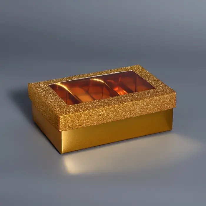 Коробка подарочная для 6 конфет золото глиттер, с окном, 12&times;8.5&times;4 см