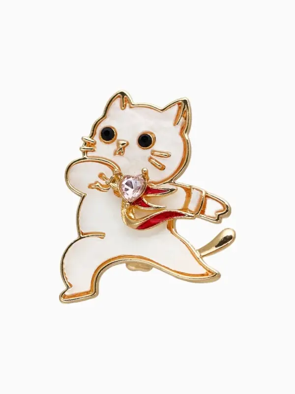 Брошь  Брошь "Кот" герой, бело-розовая в золоте