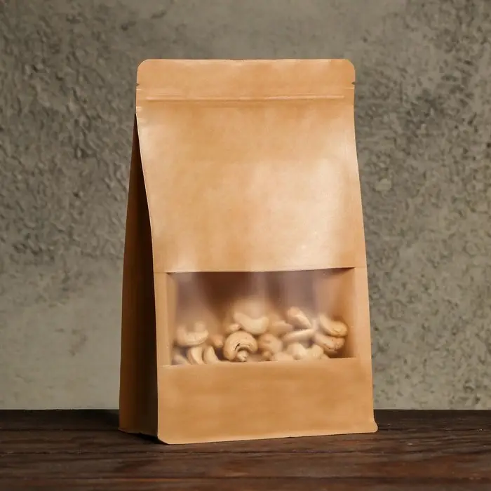 Пакет Zip - lock, крафт, с плоским дном, прямоугольное окно, 16×26 см