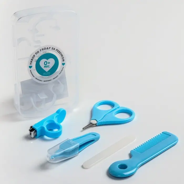 Набор по уходу за ребенком, 5 предметов: расческа, пинцет, ножницы, книпсер, пилка, голубой
