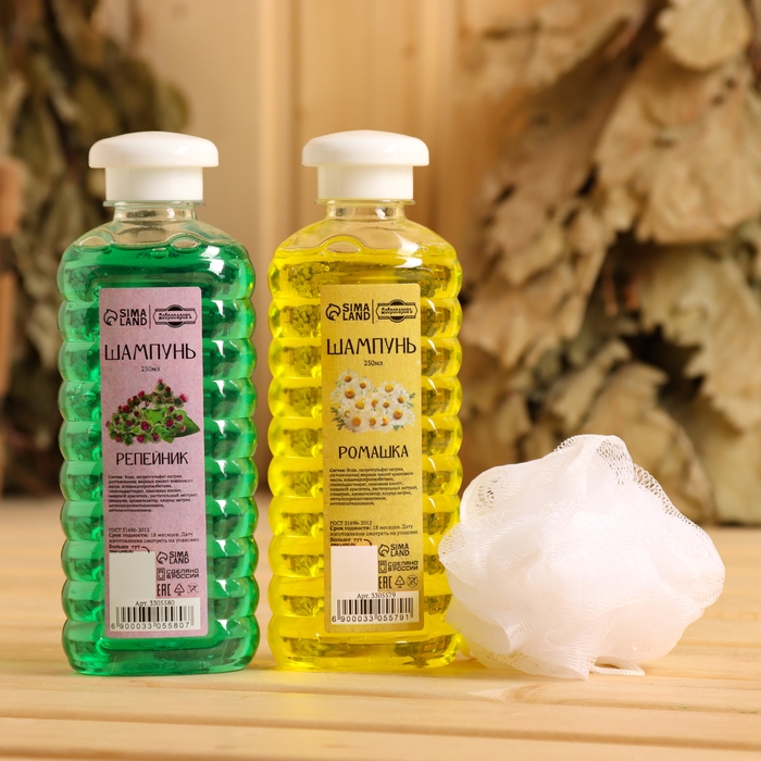 Шампунь Шампунь "Репейник и Ромашка", 2 шт по 250 мл + мочалка
