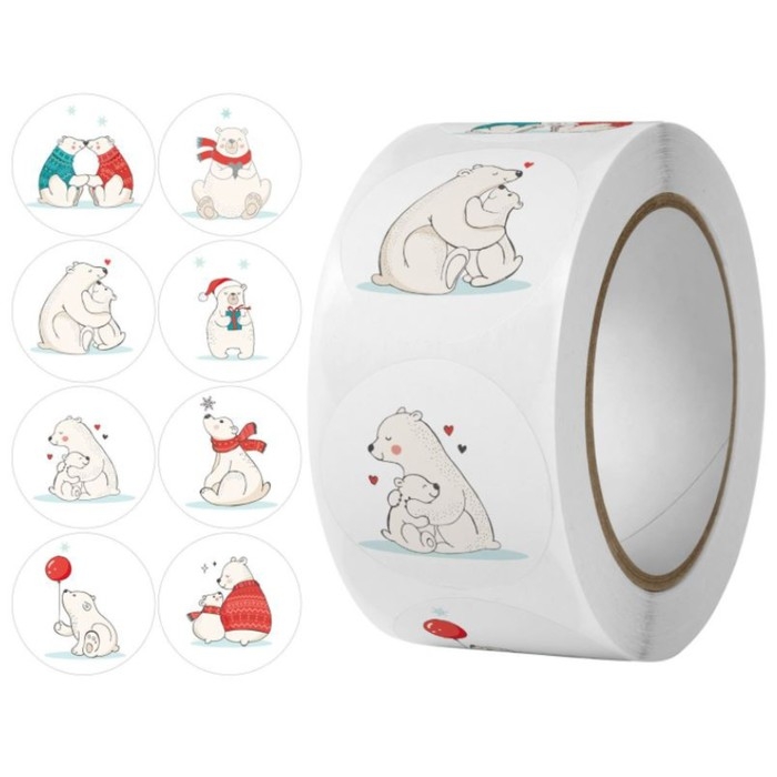 Наклейка бумага Наклейка бумага "Белые медведи" d=2,5 см 500 шт в рулоне 3х6,5х6,5 см
