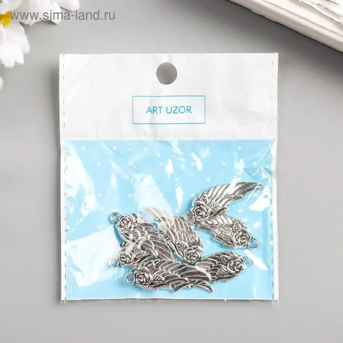 Металлический элемент, декоративная подвеска «Арт Узор. Крыло с розой», серебро, 3×1.1 см