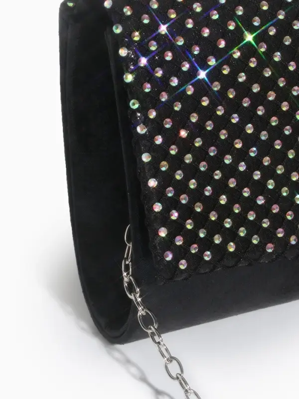 Сумка-клатч женская вечерняя на магните, на цепочке, комбинированная, со стразами, чёрная