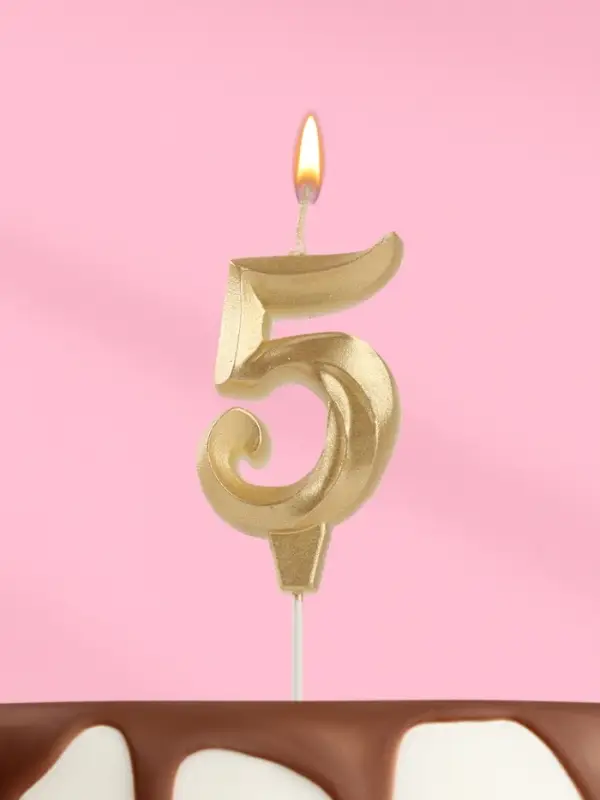 Свеча в торт &laquo;Театральная&raquo;, цифра 5, золотой металлик