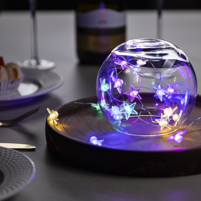 Гирлянда «Нить» 2 м роса с насадками «Звезда», IP20, серебристая нить, 20 LED, 2 режима, батарейки ААх2 (нет в комплекте), свечение мульти