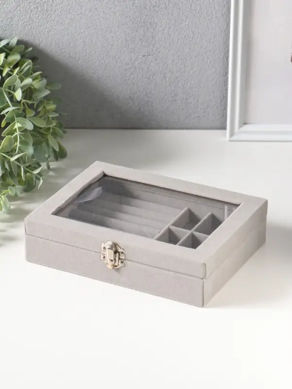 Шкатулка для украшений, 7 полос, 9 ячеек, 20&times;15&times;4.5, серая