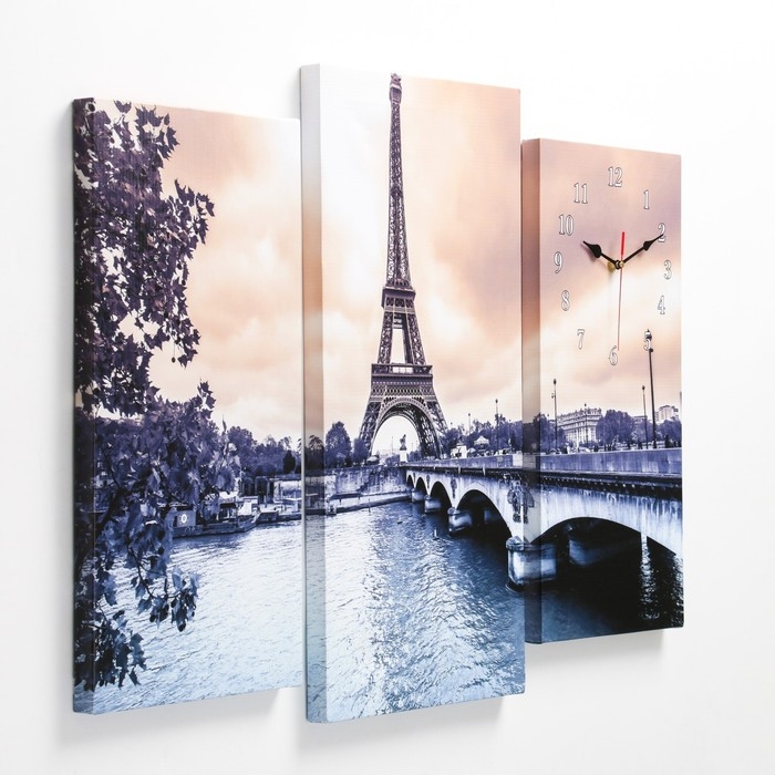 Часы-картина настенные, модульные  Часы-картина настенные, модульные "Эйфелева Башня", бесшумные, 60 х 80 см, триптих