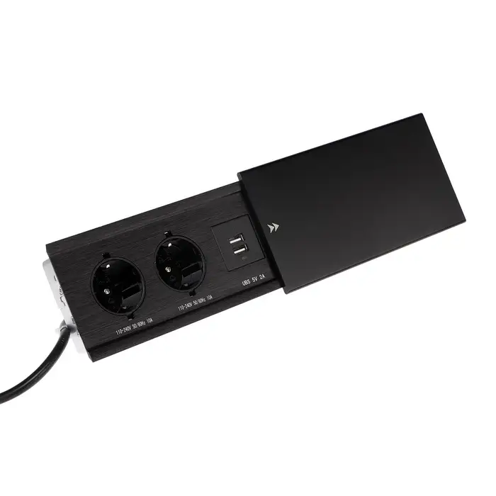 Блок розеточный в стол, сдвижная крышка, 10 А, 2 розетки, 2xUSB, 2A, провод 1.8 м, чёрный