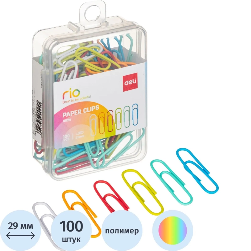 Скрепки Deli E0024 пластиковая оболочка 28-29мм ассорти (упак.:100шт)