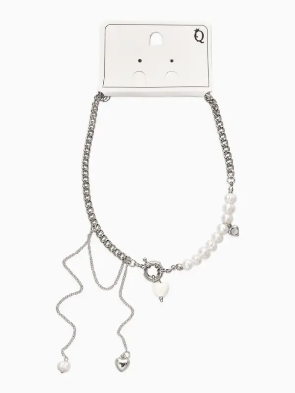 Колье &laquo;Сердце&raquo; керамика, на цепочке с жемчугом, цвет белый в серебре, L=35+7см