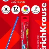 Карандаши 12 цветов ErichKrause Jolly Friends дерево, трехгранные, 3 мм, в коробке
