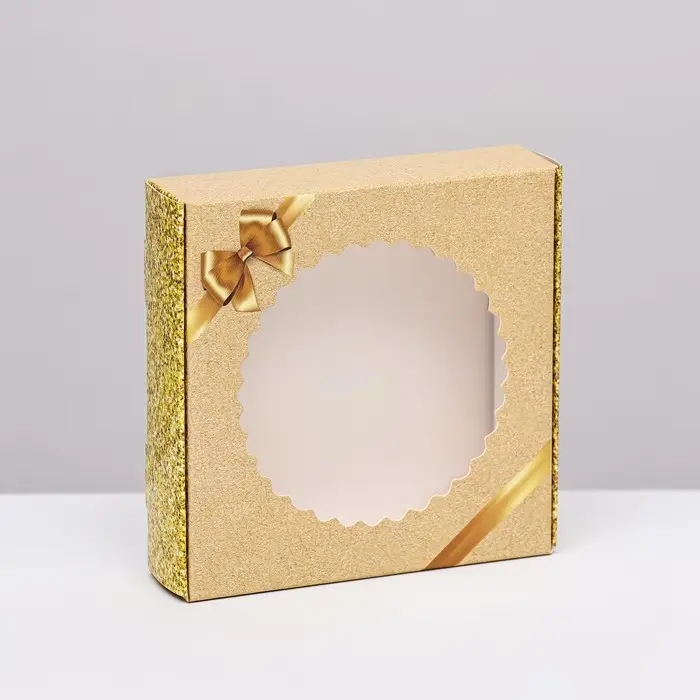 Коробка сборная с окном, «Золотой бант», 11.5×11.5×3 см Коробка сборная с окном, «Золотой бант», 11.5×11.5×3 см