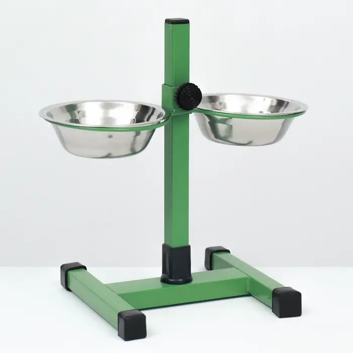 Подставка с мисками, 2&times;350 мл, высота 30 см, разборная, зелёная