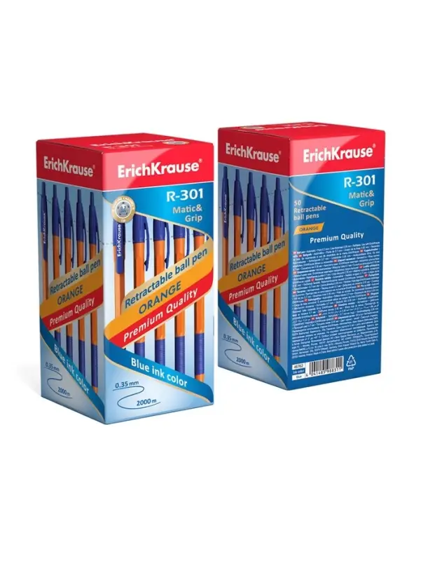 Ручка шариковая ErichKrause. R=301 Orange Matic & Grip, автоматическая, синий стержень, узел 0.7 мм, резиновый упор