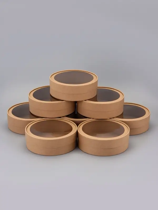 Набор круглых подарочных коробок, завальцованные с окном, крафт, набор 8 шт. , 18×6 см