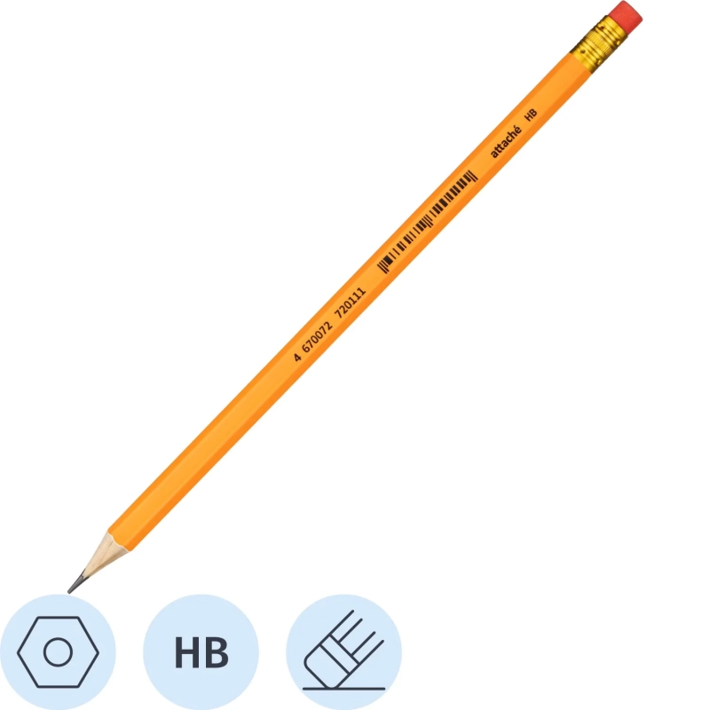 Карандаш чернографитный Attache деревянн, шестигр, с ластиком, оранж.корп