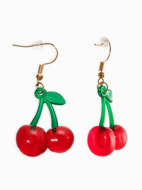 Серьги пластик "Вишня", на петельке. цветные в золоте