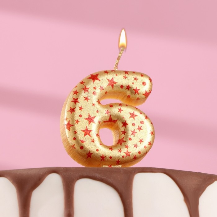 Свеча в торт Свеча в торт "Саната", цифра "6", золотая с красными звездами, 5,5 см