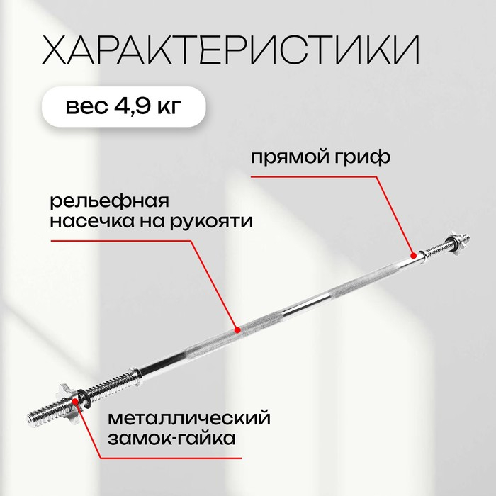 Гриф прямой с замками ONLYTOP, вес 4,9 кг, 120 см, d=25 мм, до 100 кг Гриф прямой с замками ONLYTOP, вес 4,9 кг, 120 см, d=25 мм, до 100 кг